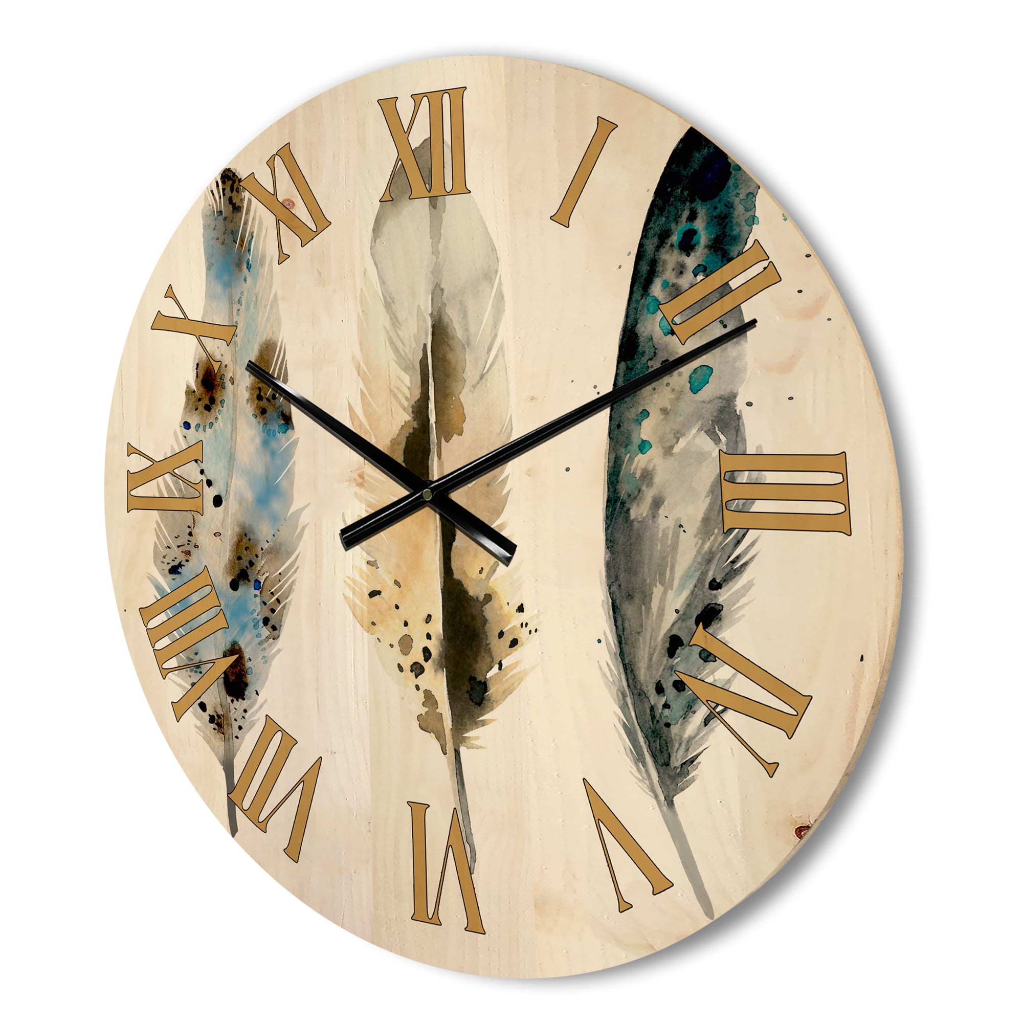 Designart 'Colourful Boho Art Feathers V' Bohemian & Eclectic Wood Wall Clock