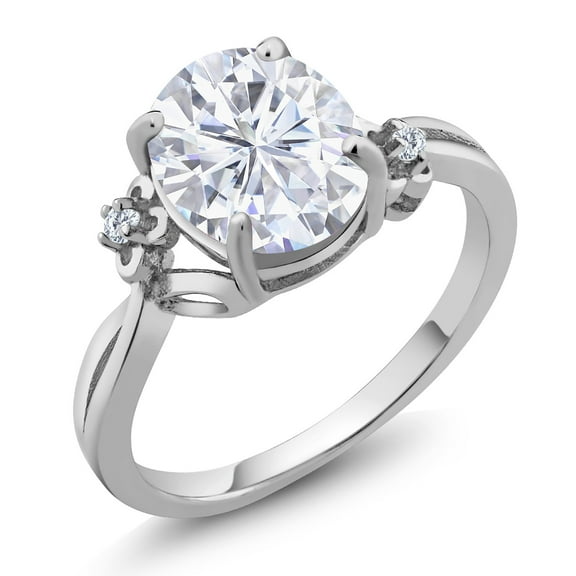 Gem Stone King 925 Sterling Silver White Moissanite 3 Stone Ring for Women (3.03 Cttw, Oval 10X8MM, Gemstone Birthstone, Size 8)
