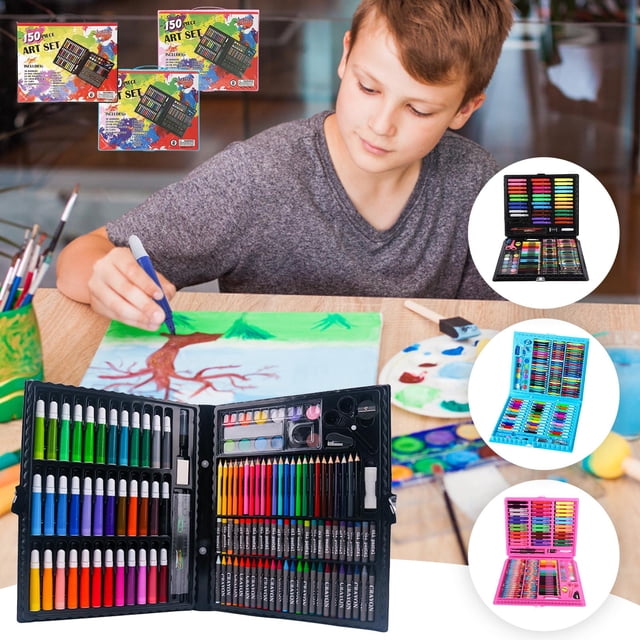 Fiudx Set de Arte de 150 Piezas: Rotuladores de Acuarela, Lápices de Colores, Crayones, Pinceles, Bloc de Dibujo, Materiales Multiusos, Estuche de Plástico Portátil, Ideal para Proyectos Creativos, I
