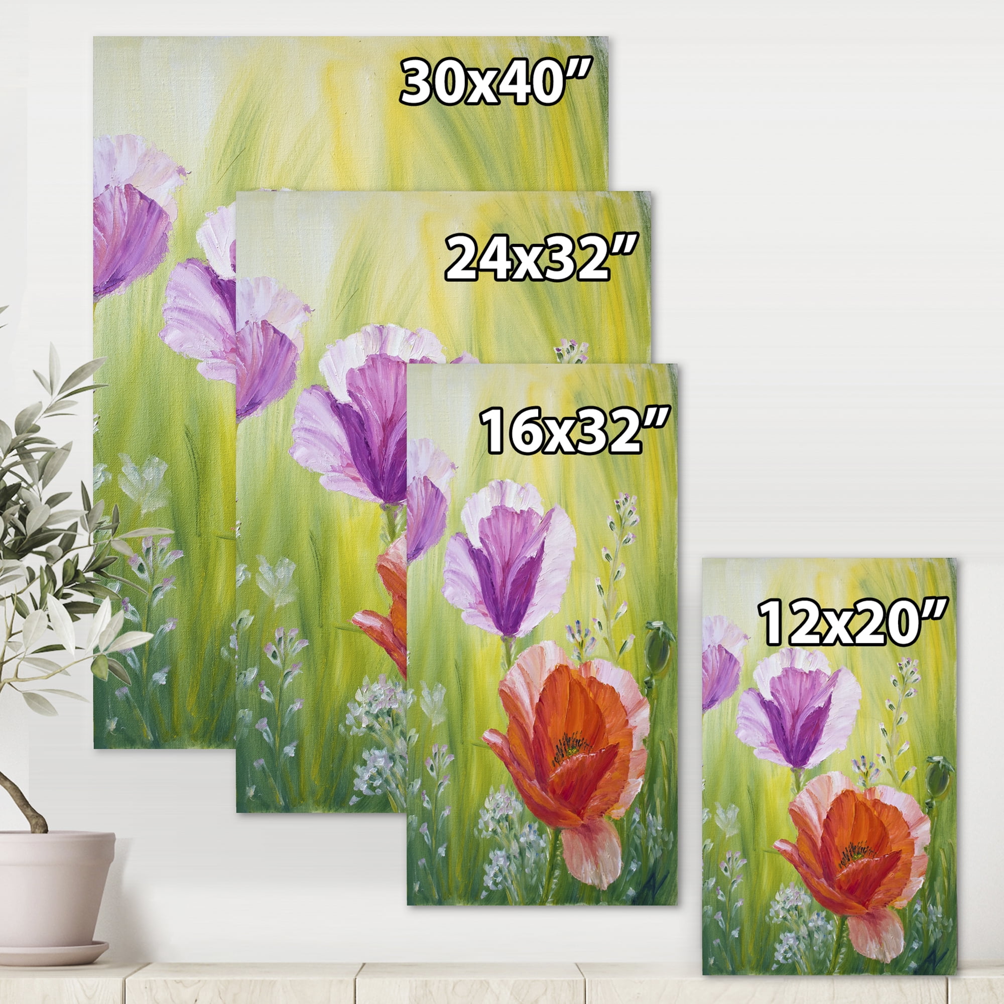 Designart ' Poppies In The Morning In Wild Green ' Traditional Canvas Wall Art Print