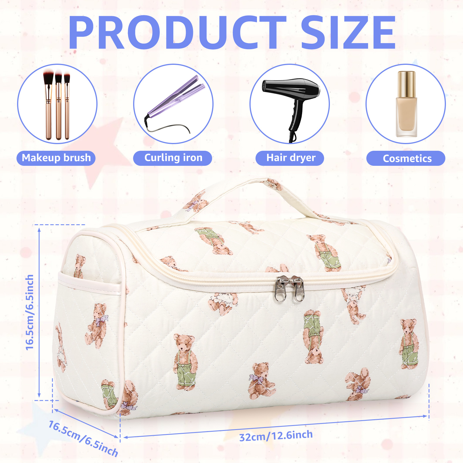 NUAHRHY Makeup Bag with Handle, Vertical Cosmetic Toiletry Bag, Cute Travel Essentials Case with Compartments, Hair Tool Dryer Organizer Bag with Hook