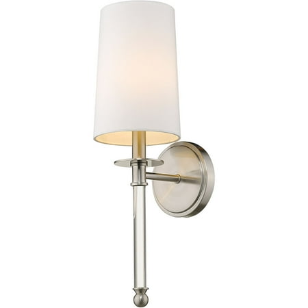 

Brushed Nickel Tone Finish Wall Sconces 6 Wide White Fabric Shade Steel and Crystal Material Candelabra 1 Light Fixture