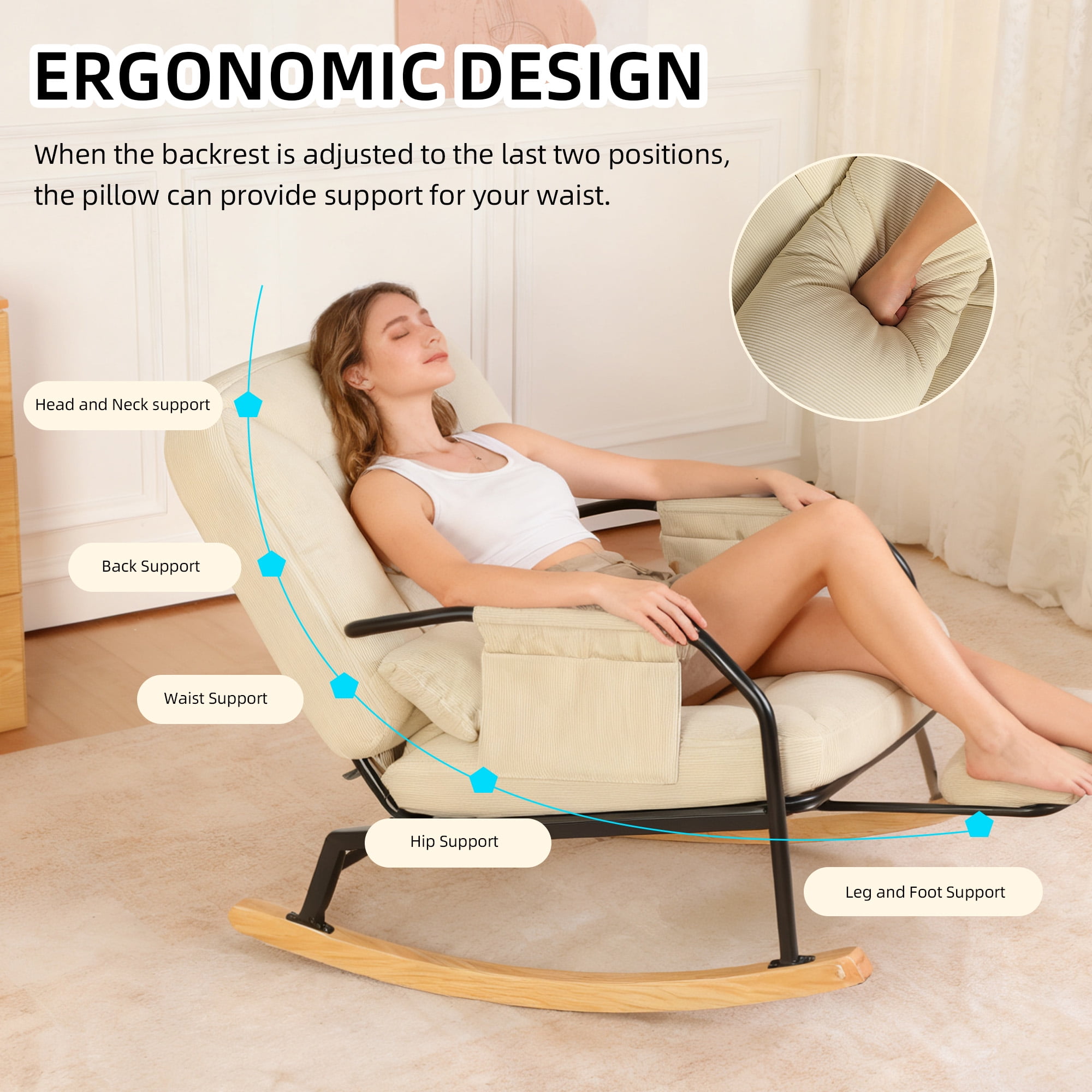 Hforesty Oversized Rocking Chair with Footrest ,Rocker Glider with Metal Farm,Wooden Bottom and Adjustable Backrest for Indoor Use: Balcony, Living Room or Bedroom.(corduroy)BEIGE
