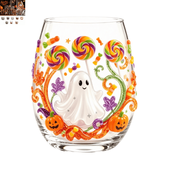 2D Halloween Artisan Glassware Collection, Glitter Embossed Halloween Wine Glass with Ghost Pumpkin Spider Web Haunted House Candy Ghost Detail, Gothic Table Cup, Halloween Host Gift 1pc E