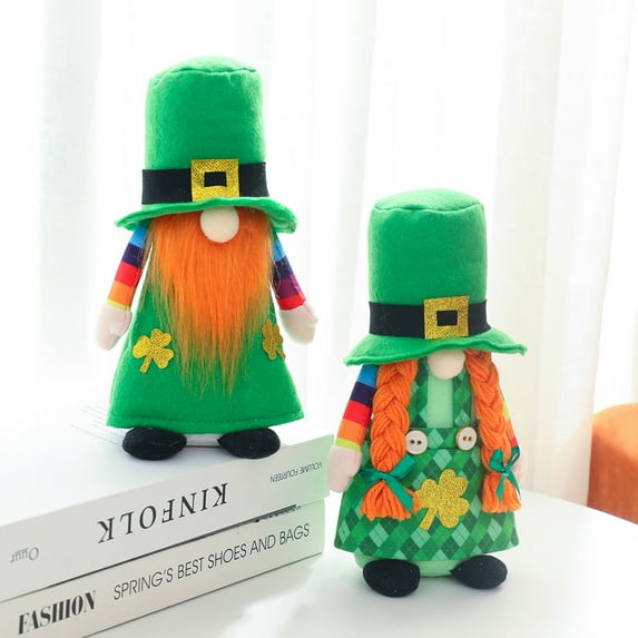 9" St Patricks Day Mr and Mrs Gnome Plush Elf Decorations, Home Table Decor Ornament Dwarf Figurines, Green Irish Handmade Faceless Gnome Gifts -Female