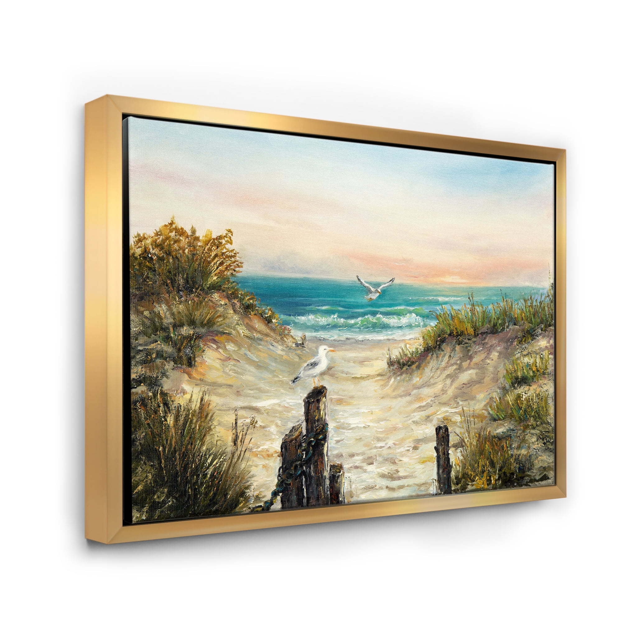 Designart 'Ocean Dunes During Pink Sinset on Beach' Nautical & Coastal Framed Canvas Wall Art Print