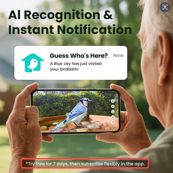 Birdfy Smart Bird Bath with Camera Solar Powered, AI Identify, Live View, Instant Notify, Ideal Gift for Bird Lovers