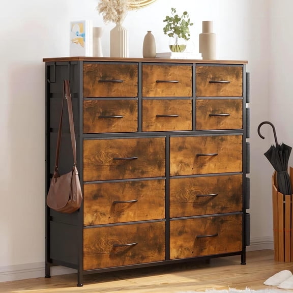 Jojoka 12-Drawer Dresser for Bedroom, Fabric Storage Organizer With Wood Top, Side Pockets & Hooks Cabinet for Living Room, Entryway, Nursery, Retro Brown