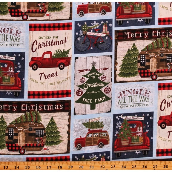 Cotton Christmas Tree Farm Christmas Trees Jingle all the Way Christmas on the Road Multicolor Cotton Fabric Print by the Yard (16623-MLT-CTN-D)