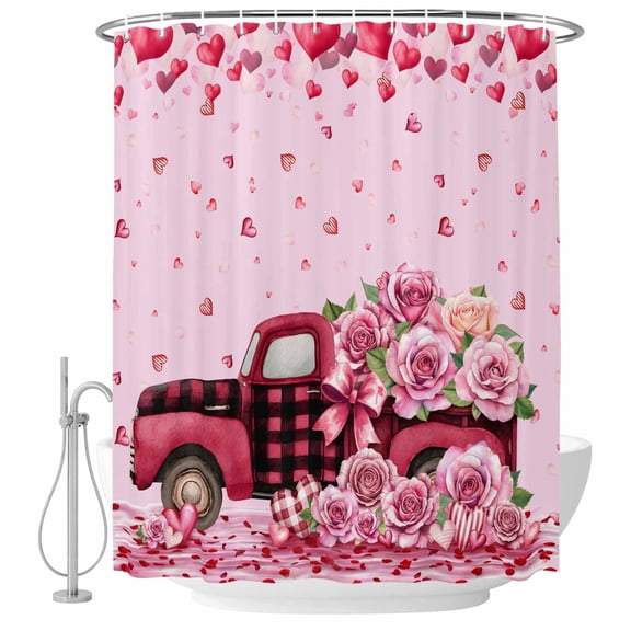 Polyester Fabric Valentine's Day Shower Curtain, Romantic Love Roses Truck Ombre Pink Waterproof Bathtub Curtain Bathroom Decor Set with Hooks 36 x 72 Inches
