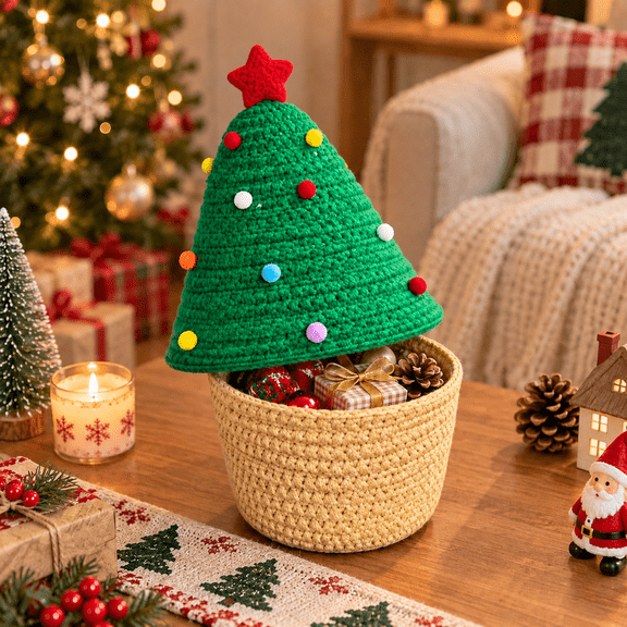 Christmas Tree Shaped Storage Basket, 11.02in Fabric Organizer with Spacious Inner Space for Home Tabletop Shelf Holiday Decor Gift in Red