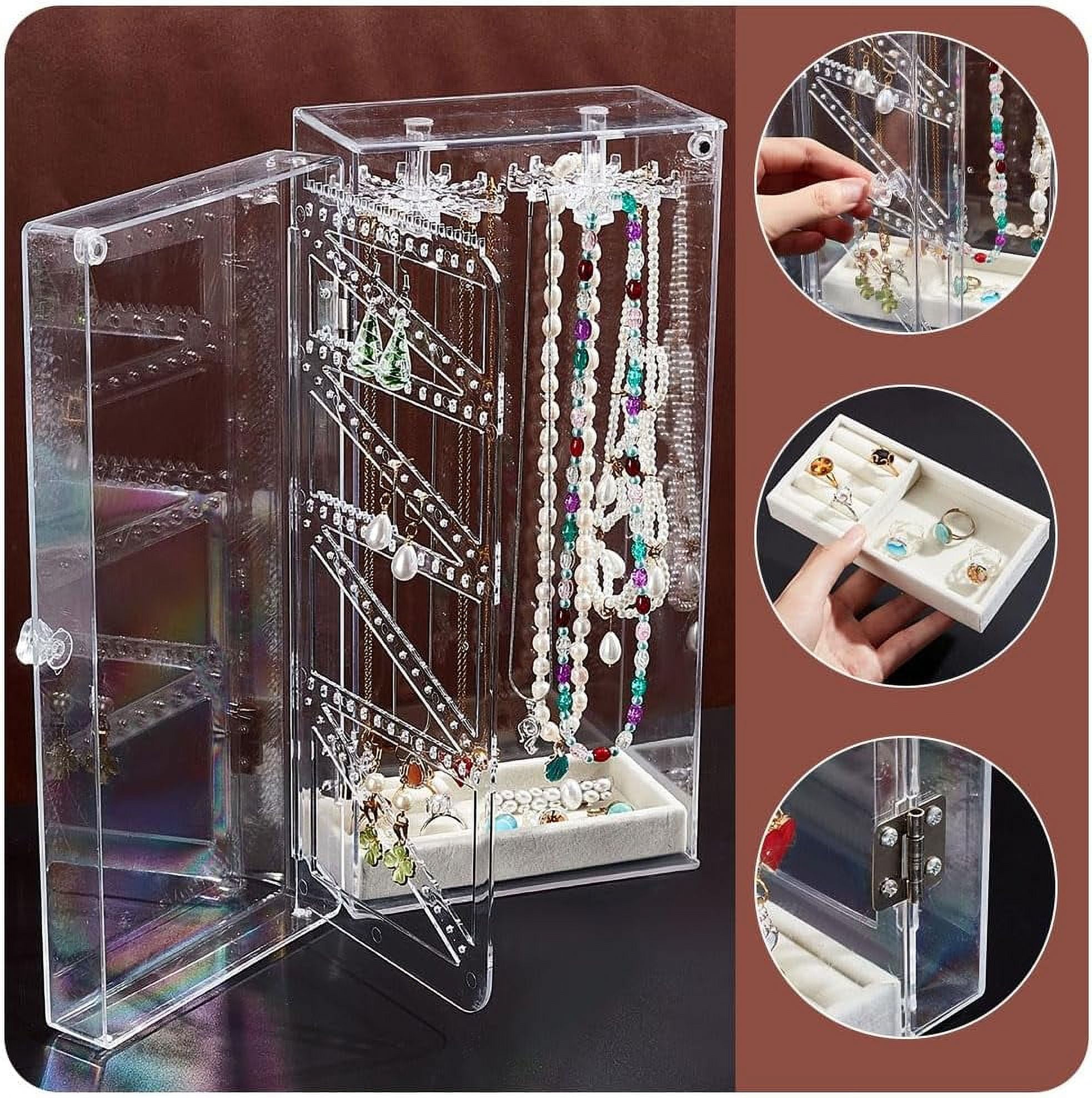 1 pc Rectangle Plastic Jewelry Organizer Storage Box with 24 Hooks 72-Slot Rotatable Hanging Necklace Holder with Dust-proof Velvet Jewelry Tray