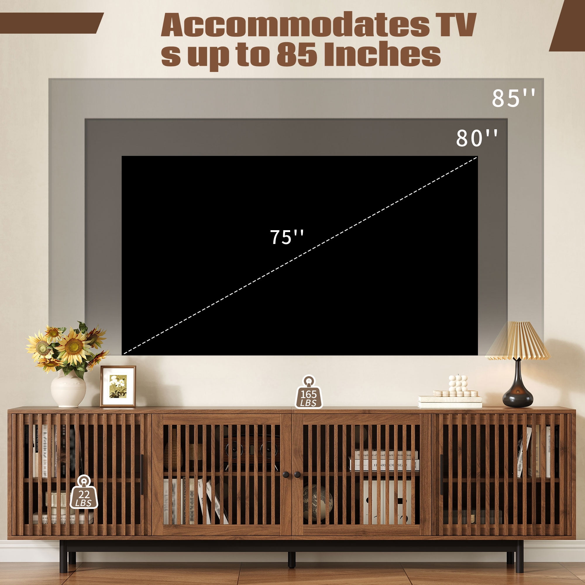 Homy Casa 78.7" Rustic Brown TV Stand for 80" TVs with 4 Slatted Cabinet Doors and Cable Management