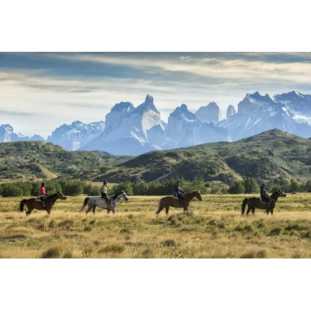 South America, Patagonia, Chile, Torres del Paine National Park, people on horseback in front of th Print Wall Art By Christian
