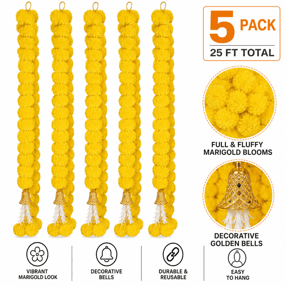 5 Pcs 5ft Artificial Marigold Garland with Bells, Flower Strands for Diwali Pooja Wedding Halloween Home Decor, Yellow