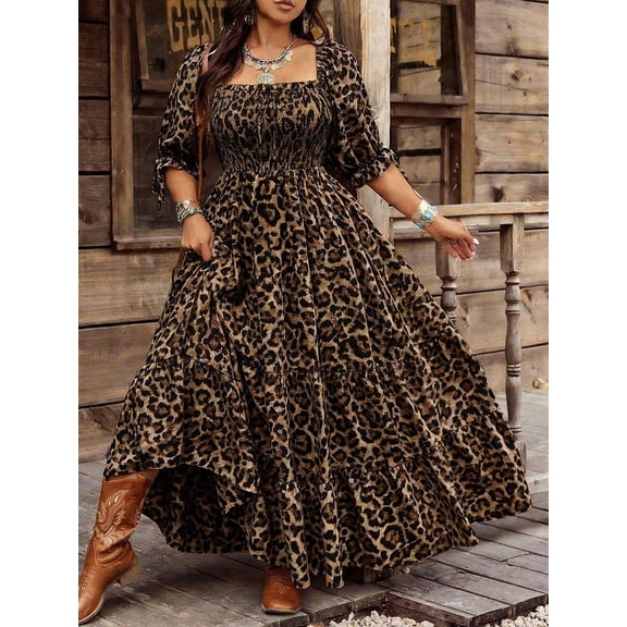 Multicolor Leopard Print Plus Size Long Shirred Dress Square Neck Half Puff Sleeve Flounce Hem Woven A-Line Casual