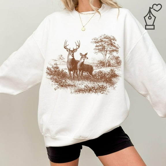 Vintage Deer Sweatshirt Unisex Adult, Wildlife Buck and Doe Graphic Crewneck, Outdoor Nature Casual Wear Size S-4XL White