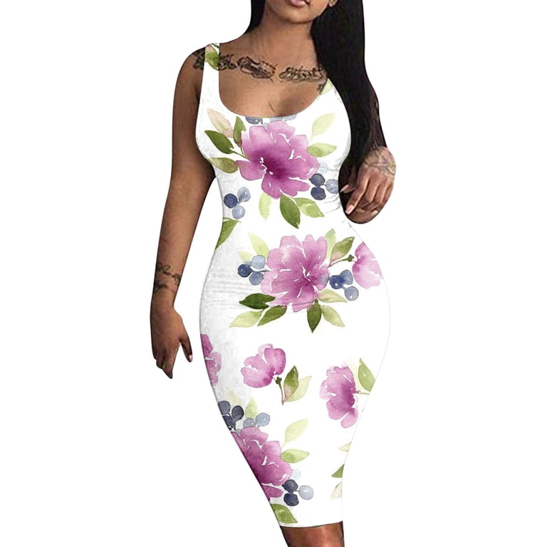 Wycnly Summer Dresses for Women Night Party Club Sexy Basic Bodycon Tank  Knee-Length Dresses Sleeveless Round Neck Floral Midi 2024 Casual Dress  Green l Under $5 - Walmart.com
