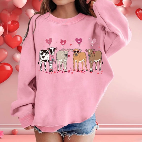 Cow Sweatshirt Valentines Hoodies for Girls Love Heart Graphic Tees Color Pink Size 8-9 Years