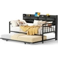 thumbnail image 6 of iSunirm Twin Daybed with Upholstered Headboard and Power Outlets, Day Bed with Trundle, Sturdy Metal Pop-up Trundle Bed for Living Room, Guest Room, 74.8" Length, Black, 6 of 7