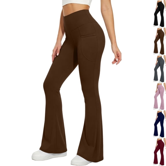Flare Leggings for Women, High Waisted Tummy Control Yoga Pants with Pockets Bootcut Flared Leggings Brown XL
