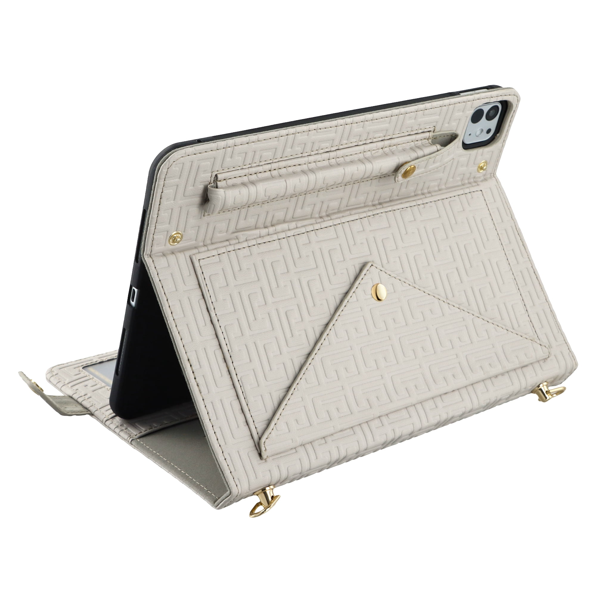 Dteck Case for iPad Pro 12.9 Case 6th/5th/4th/3rd Generation 2022/2021/2020/2018, iPad Air 13" 2024 Slim Protective Case with Pencil Holder Envelope Pocket Hand Strap Holder Crossbody iPad Case,Beige