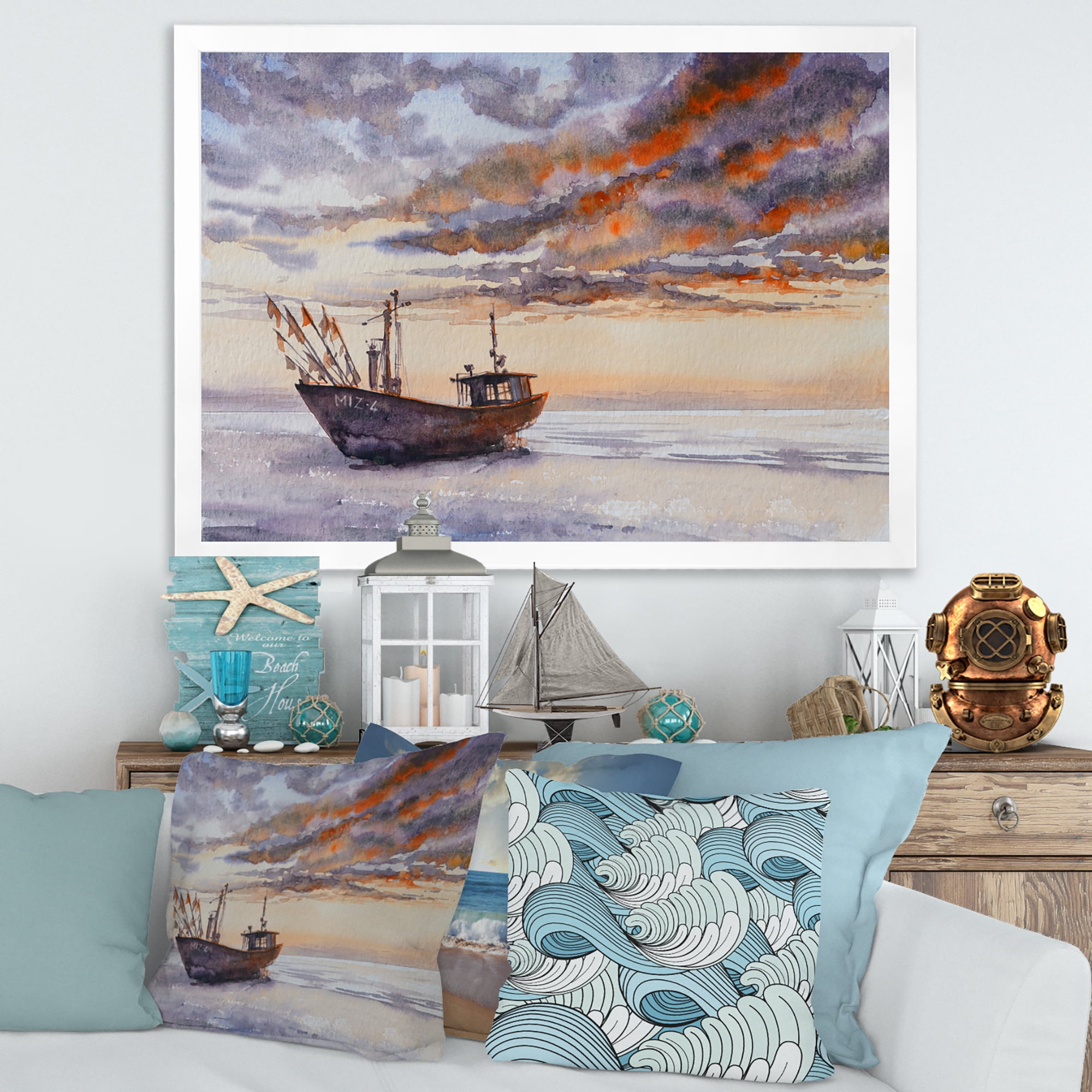 Designart 'Wooden Fishing Boat On The Baltic Shore With Evening Clouds' Nautical & Coastal Framed Art Print