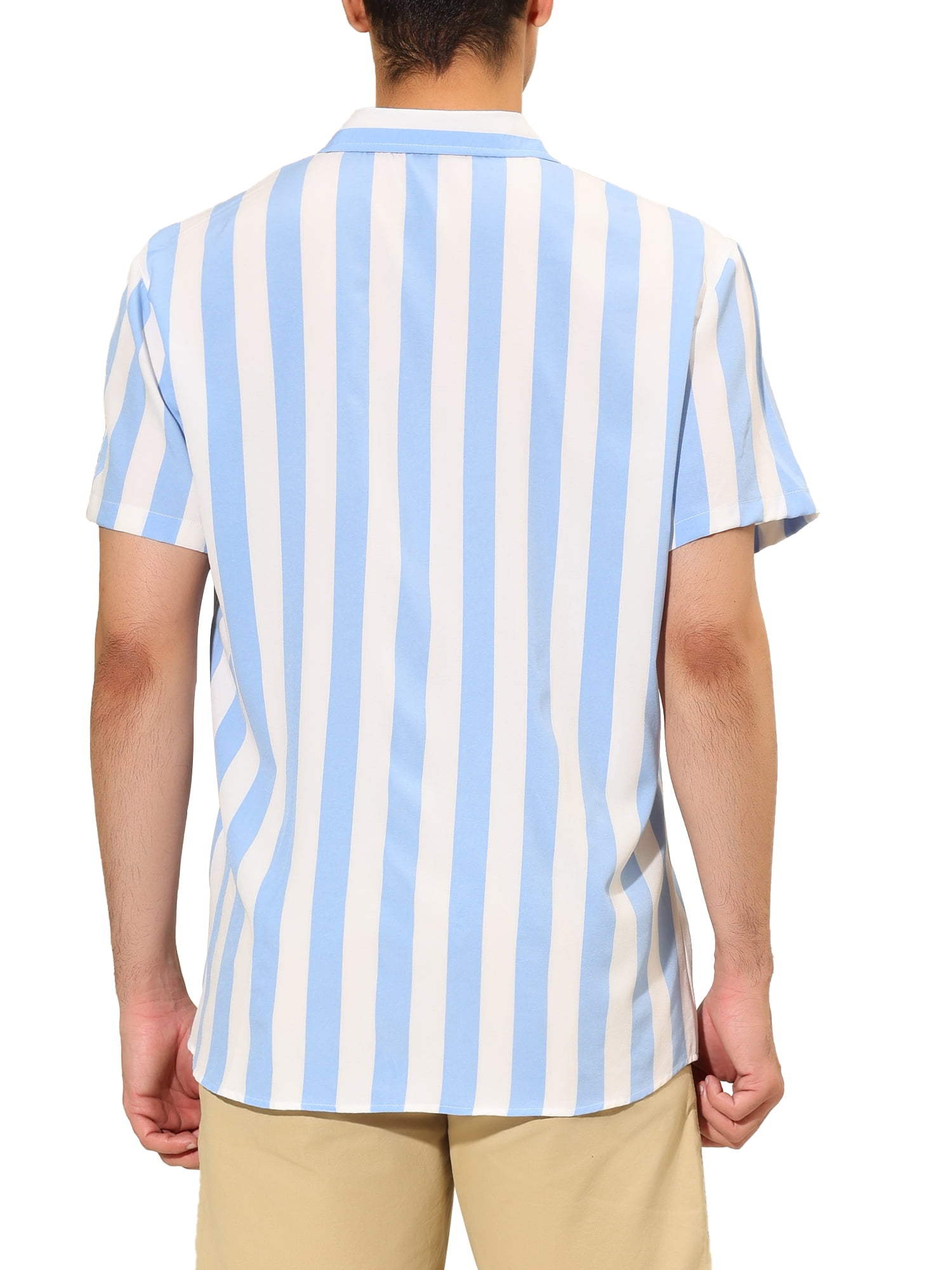 Unique Bargains Men's Short Sleeved Color Block Button Down Beach Stripe Shirt XL Light Blue