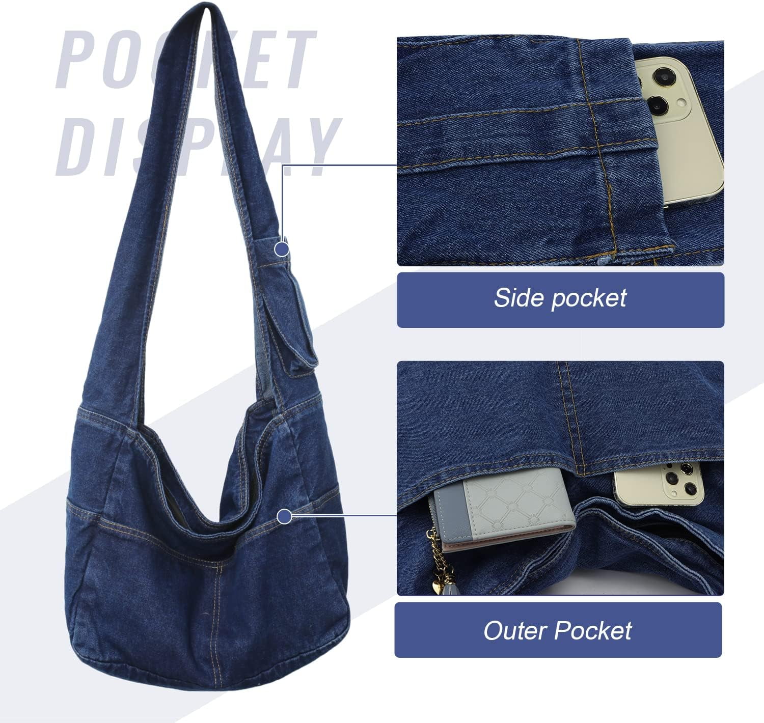 Denim Hobo Bags for Women Retro Jean Shoulder Bag Casual Jean Tote Handbags Vintage Satchel Bags