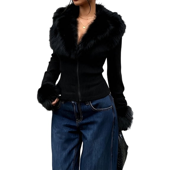 Sorvello Women's Faux Fur Collared Zip Up Jacket Fall Clothes Slim Fit Winter Coats Black L