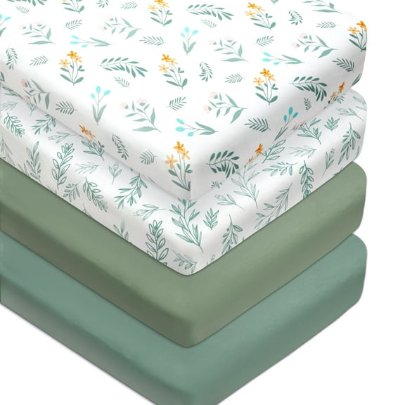 4 Pack Sage Green Crib Sheet Neutral Breathable Fitted Nursery Sheets with Leaf and Flower Design for Standard Crib Mattress