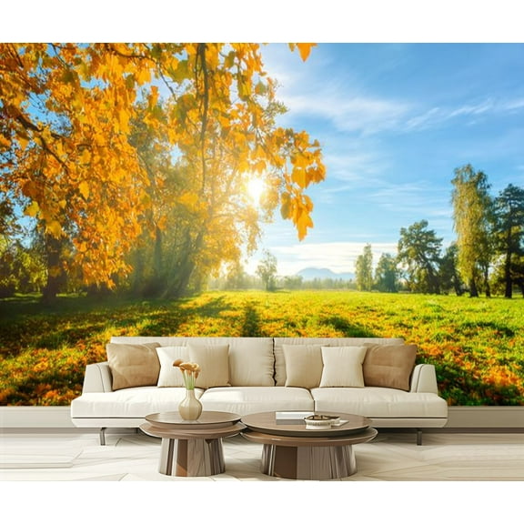 Peel and Stick Wallpaper Yellow autumn tree green field Modern Art Wall Mural Decor Self Adhesive and Removable 69in x 98in