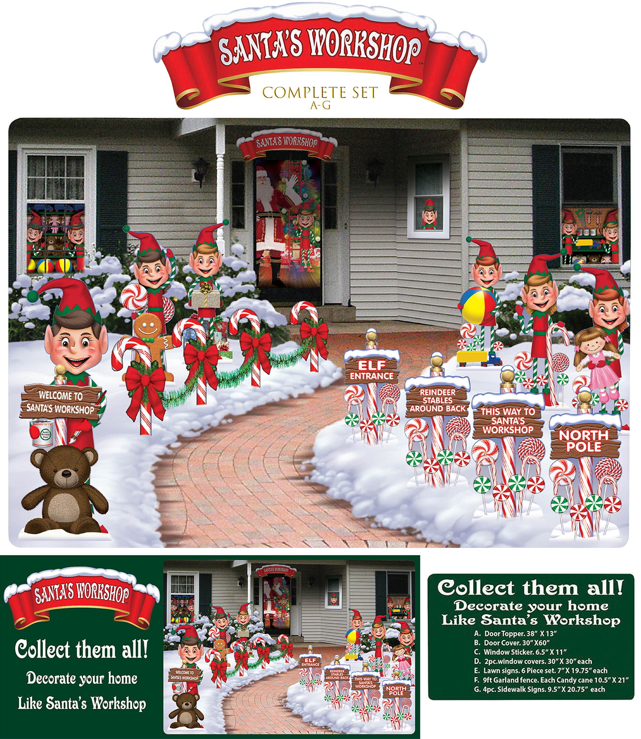 CHRISTMAS SANTA'S WORKSHOP HOLIDAY DOOR COVER ELVES CANDY CANE GINGERBREAD HOUSE 