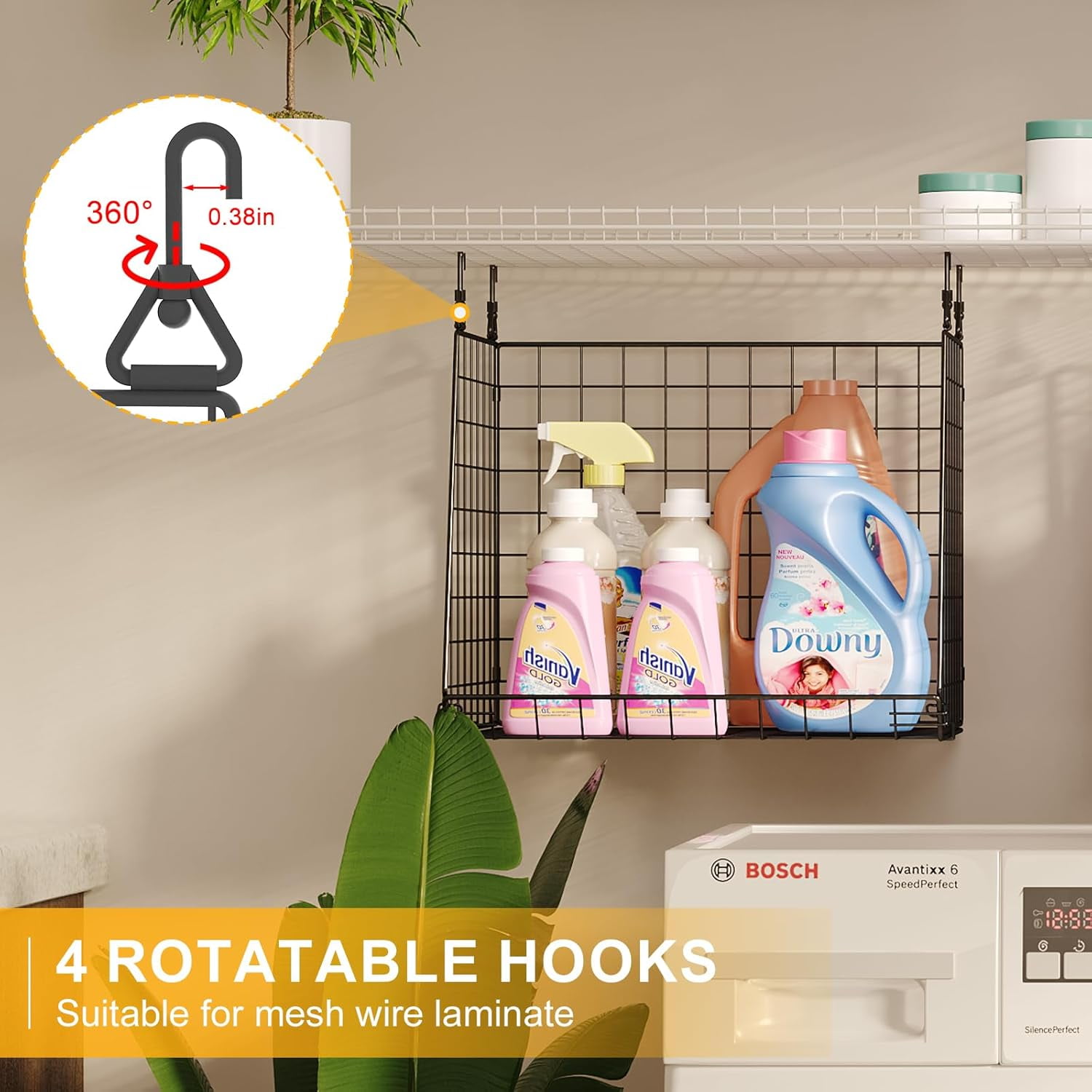 XCOSRACK 4-Pack Hanging Wire Baskets for Laundry Room, Foldable Metal Storage Organizer with 360° Rotating Hooks, Over Washer & Dryer Shelving, Black