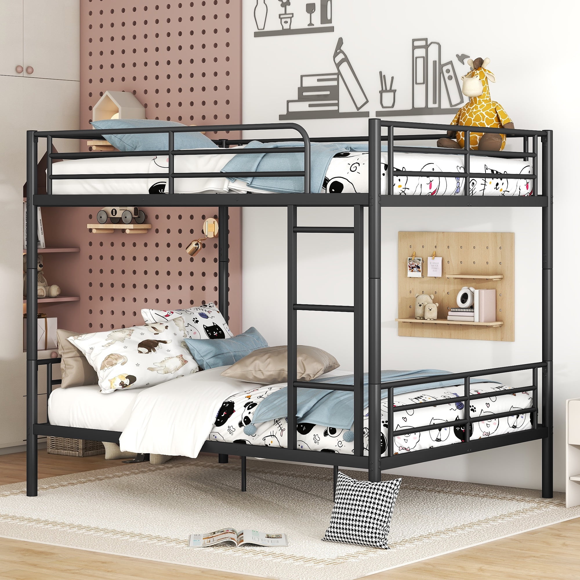 DEALTOPS Full Over Full Metal Bunk Bed, Metal Bedframe with Ladder and Guardrail, Black