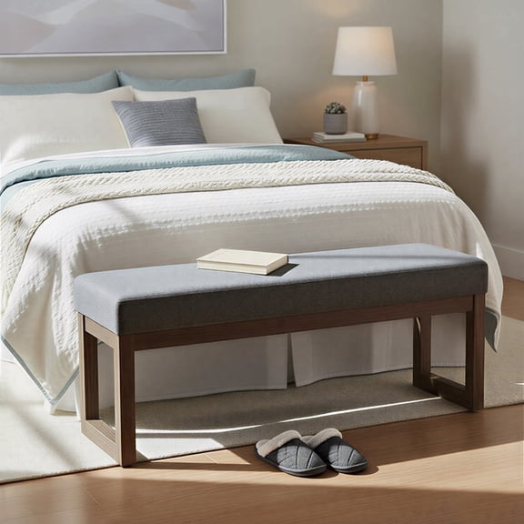Simpli Home Milltown 44 inch Wide Solid Wood Rectangular Upholstered Ottoman Bench, Parisian Grey