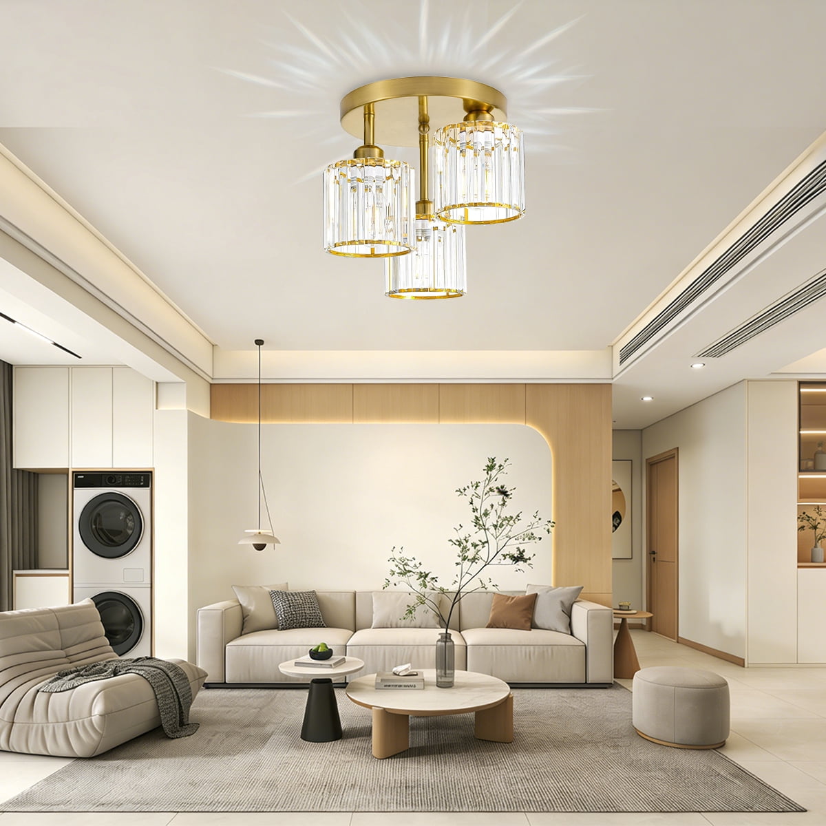 Crystal Semi Flush Mount Ceiling Light, 3-Light Close to Ceiling Light Fixtures, Modern Light Fixtures with Clear Crystal Shade, for Hallway Foyer Entryway Bedroom Kitchen, Gold