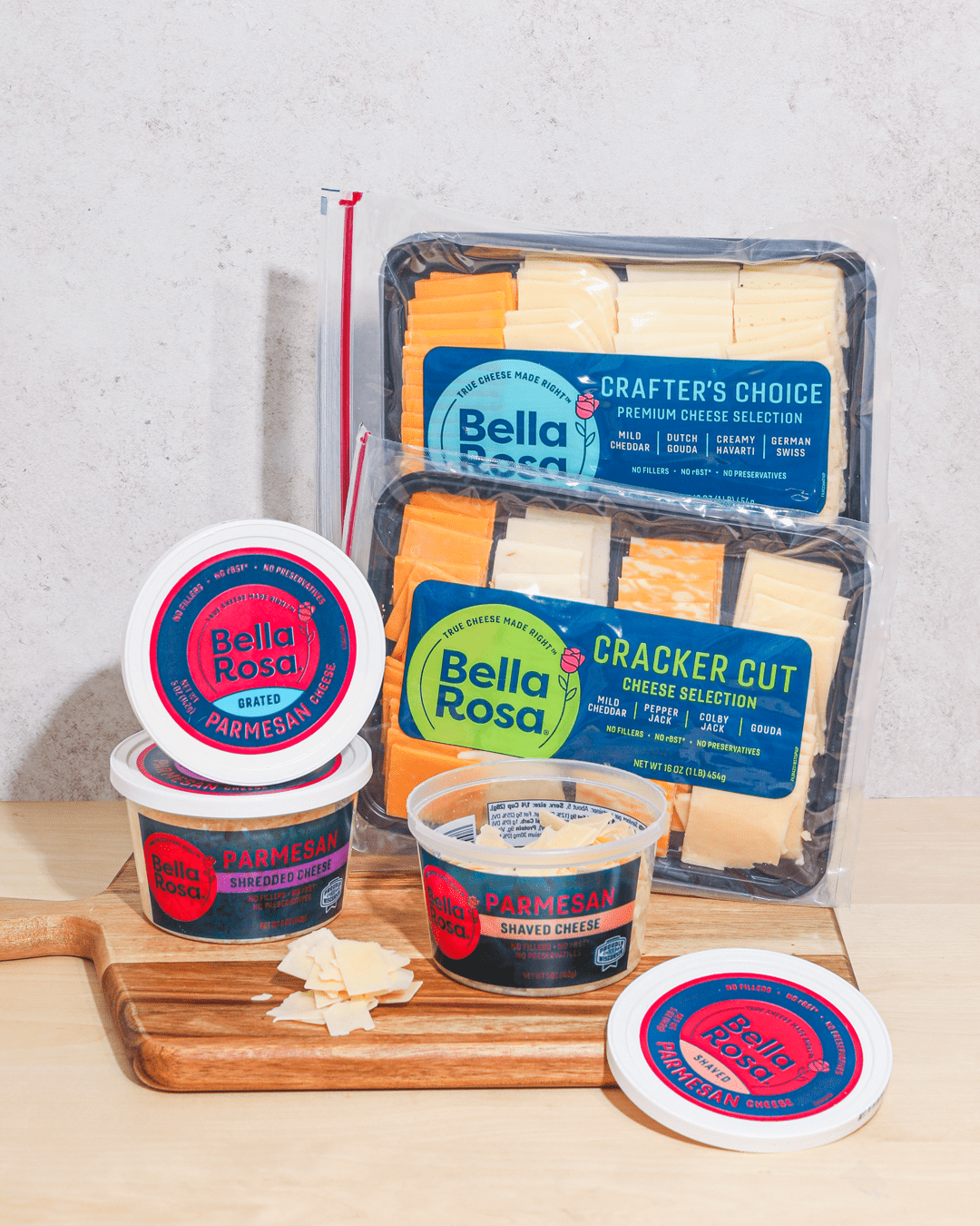 Bella Rosa Crafter's Choice Cheddar, Gouda, Havarti, & German Swiss Cheese Slice Variety Pack, 1 lb Tray