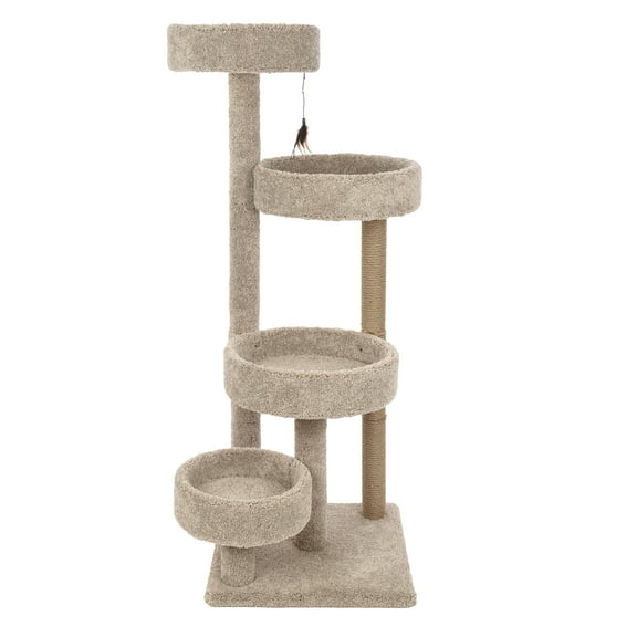 Kitty-Quick 55-in Solid Wood Cat Tree Tower with Scratching Post and Plush Platforms, Beige
