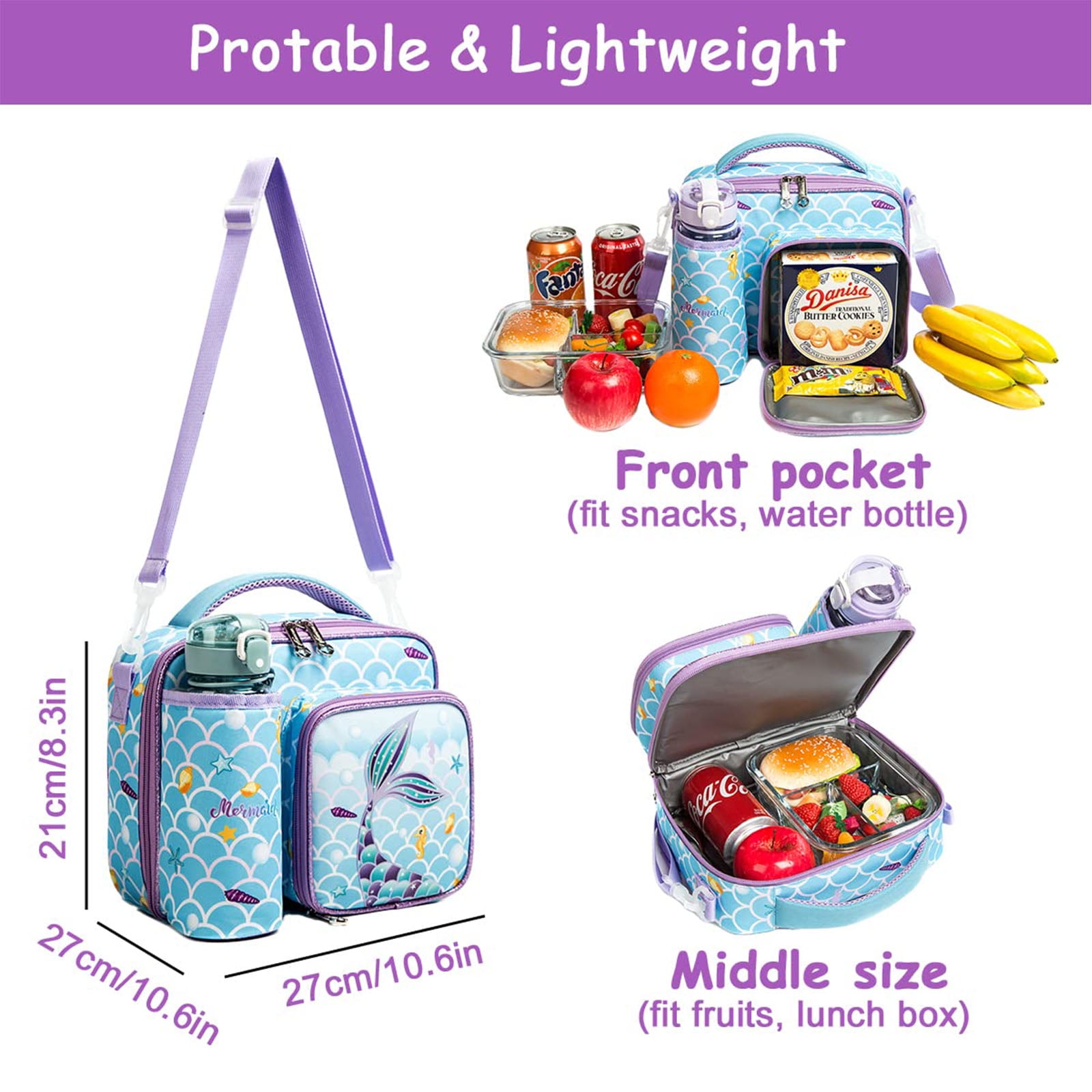 IvyH Kids Lunch Bag Insulated Reusable Lunch Box,Large Thermal Meal Tote  Kit Bag Soft Leakproof Cooler Lunchbox 3 Compartments with Water Bottle  Holder,Pink Unicorn 