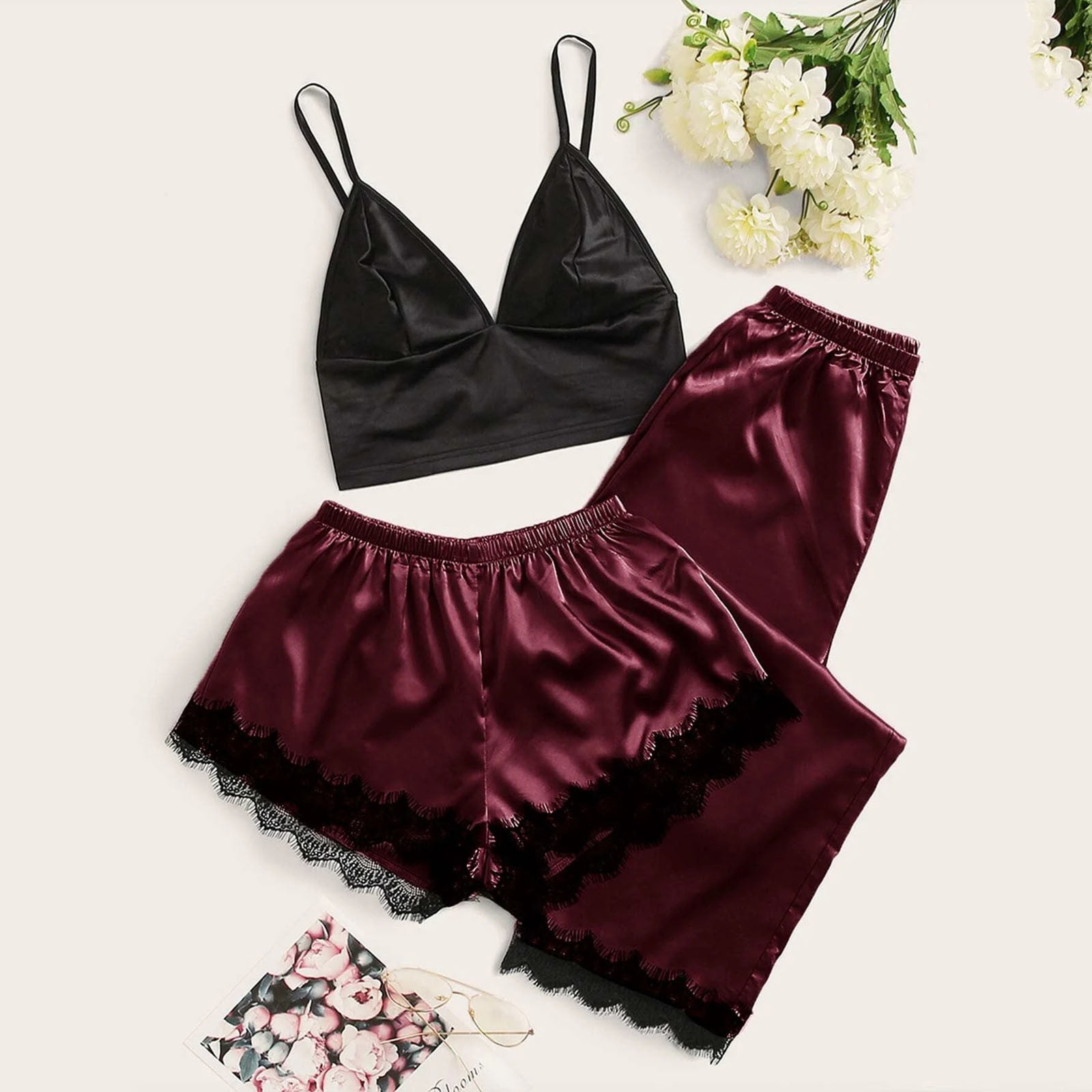 Blvb Pajamas Sets For Women Satin Lace Halter Top Shorts Pants Trousers Lounge Set 3 Piece Outfits Sleepwear Suits Blue