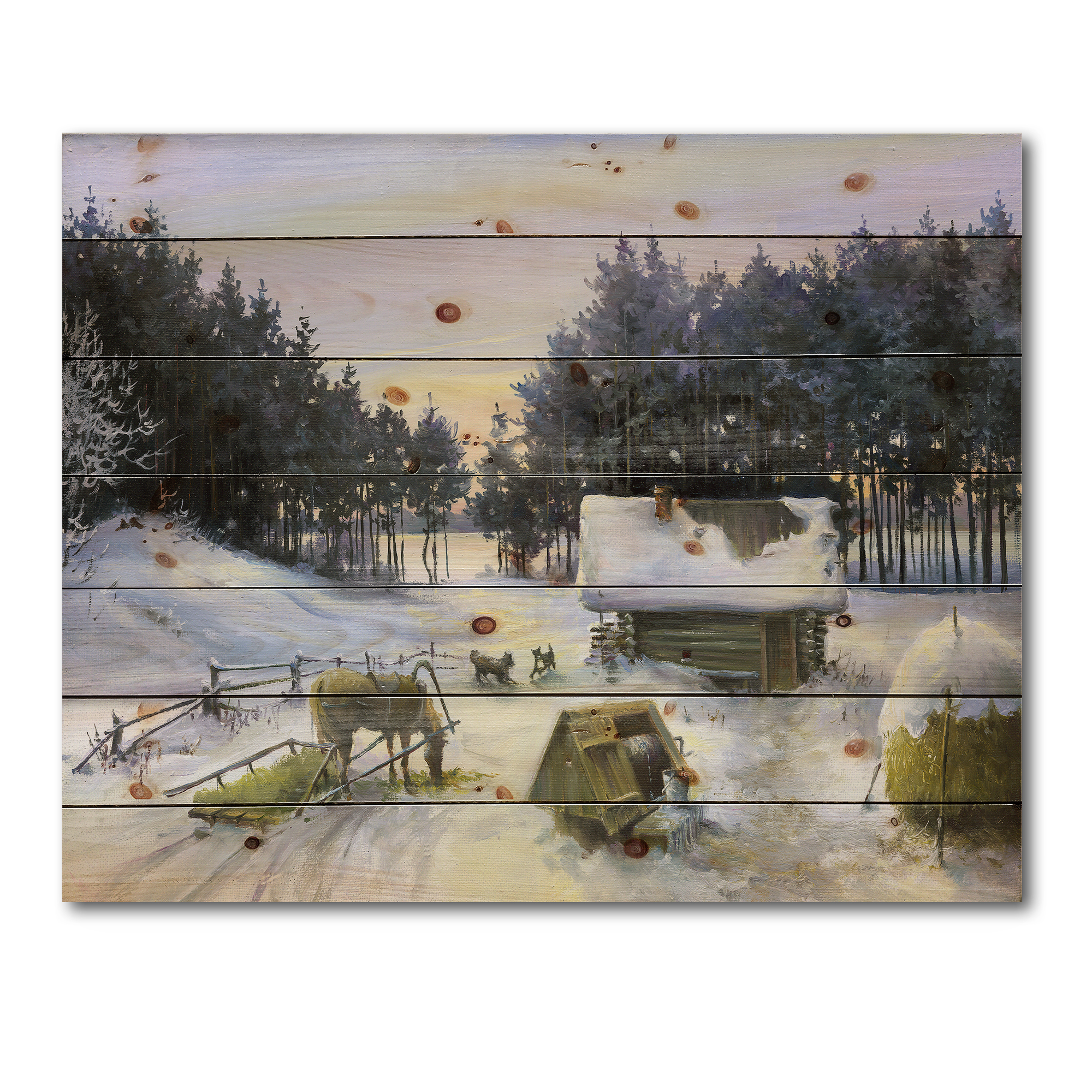 Designart 'Cottage Covered In Snow With Winterscene' Country Print on Natural Pine Wood