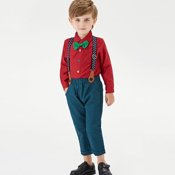 WEUVEB 1 Set of Boys Formal Wear Bow Tie Shirt Suspenders Set in Red Cotton for Holiday Celebrations