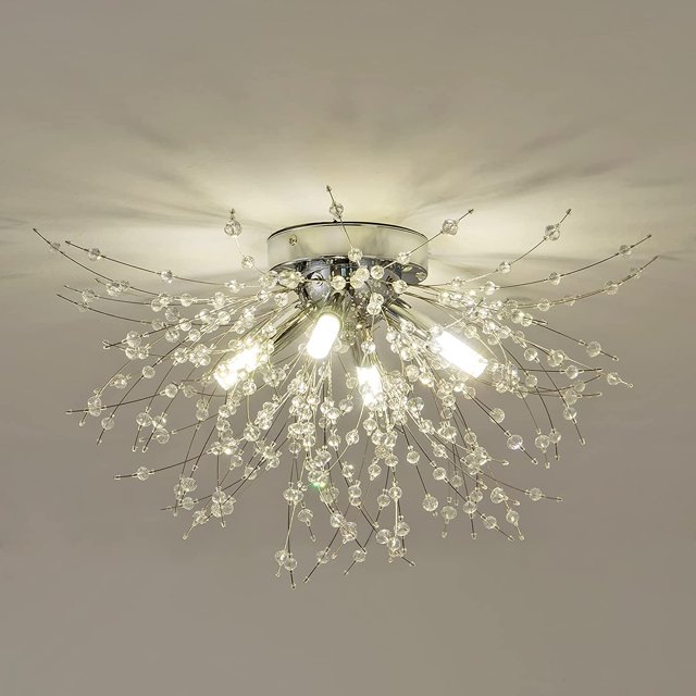 AIR-Modern Small Crystal Ceiling Light Fixture, 4-Light Chrome Crystal Sputnik Firework Chandelier, Semi Flush Mount Ceiling Light Fixtures for Bedroom Kitchen Hallway Entryway Bathroom(H9.5'' x W17.