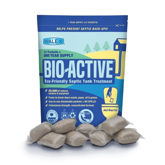 Walex Bio-Active Septic Tank Treatment Packets, 12 Count (1-Year Supply), Dissolvable Monthly Pods with Bacteria & Enzymes, Helps Prevent Backups & Odors