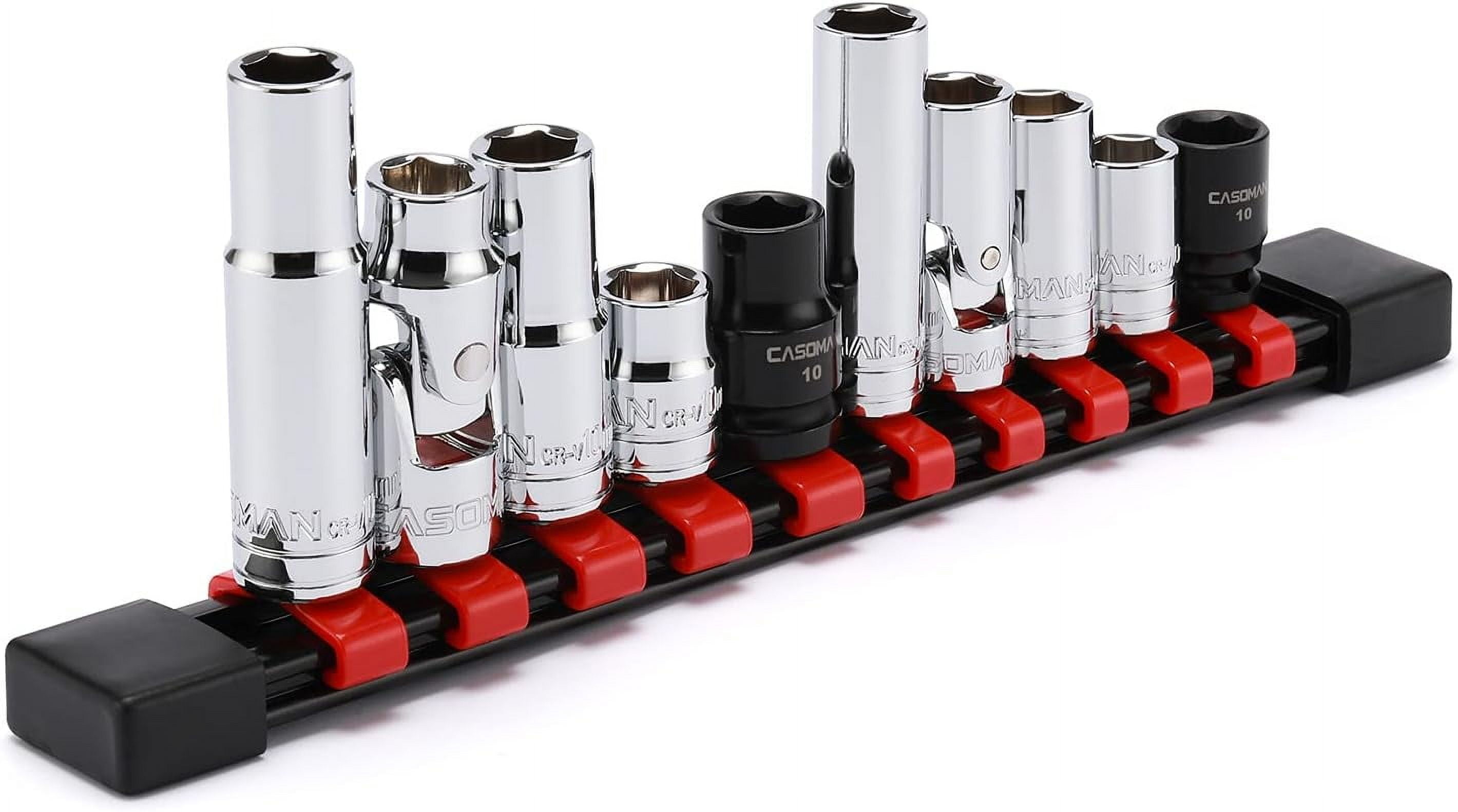 RGHJAR-10Pcs Impact Socket & Flex Socket Set, 1/4" & 3/8" Dr., 6-Point, 10mm, Metric, Include Magnetic impacet Socket, Storage Rail