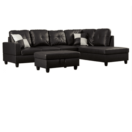 Ult Classic Black Faux Leather Sectional Sofa Right Facing Chaise