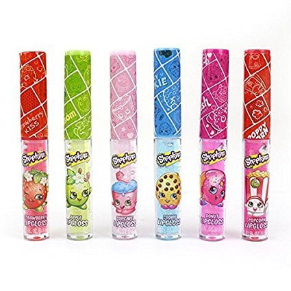 shopkins flavored glitter lip gloss 6 pack (strawberry, apple, cupcake, cookie, donut and popcorn) -