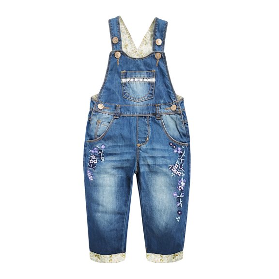 KIDSCOOL Toddler Kids Denim Overalls Baby Embroidered Washed Jean Romper,Blue,2-3 Years