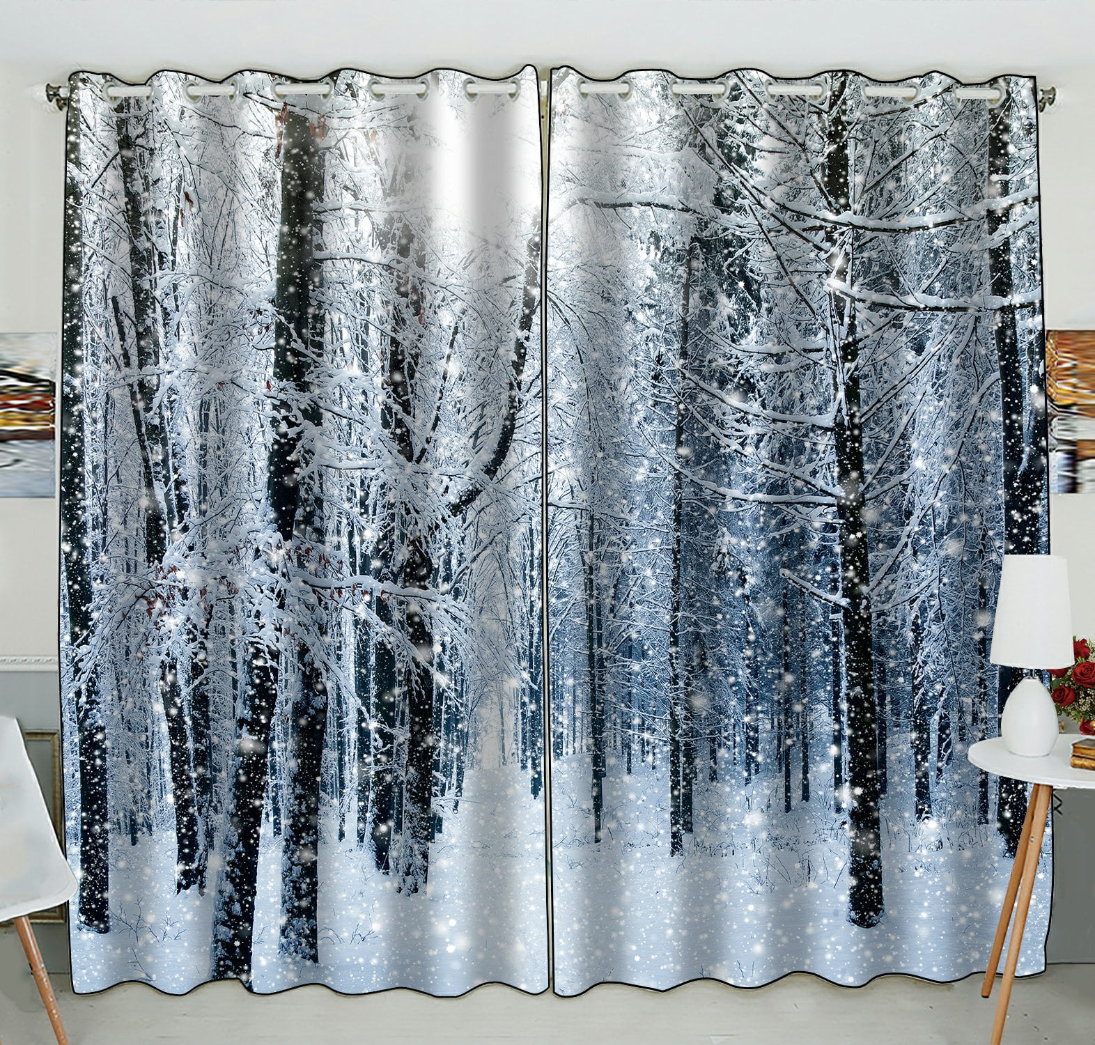Phfzk Winter Landscape Window Curtain, Snowy Trees Forest Nature